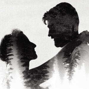 Double exposure of bride and groom facing each other silhouette with inverted trees | www.vojkanmilenkovik.com